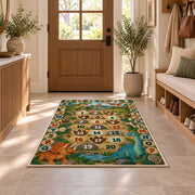 dinosaur alphabet number trail rug displayed in a entryway beside a wooden door