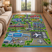 airport city travel map rug displayed in a sunlit lounge beside a sofa