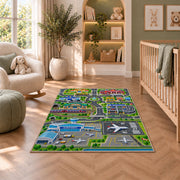 airport city travel map rug displayed in a nursery beside an upholstered chair