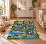 airport city travel map rug displayed in a nursery beside a crib