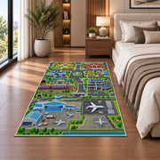 airport city travel map rug displayed in a bedroom beside the bed