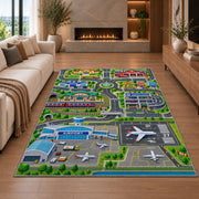 airport city travel map rug displayed in a living room with a fireplace