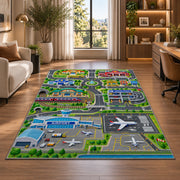 airport city travel map rug displayed in a lounge with wooden shelves