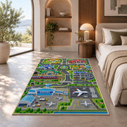 airport city travel map rug displayed in a bedroom in sunlight