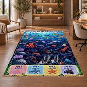 ocean creature search game rug displayed in a living room with wooden shelves