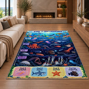 ocean creature search game rug displayed in a living room with a fireplace