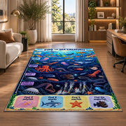 ocean creature search game rug displayed in a lounge with wooden shelves