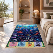 ocean creature search game rug displayed in a bedroom in sunlight