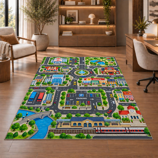 railway city road map rug displayed in a living room with wooden shelves