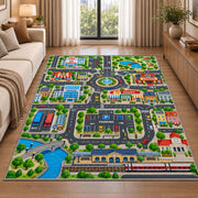 railway city road map rug displayed in a sunlit lounge beside a sofa