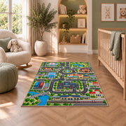 railway city road map rug displayed in a nursery beside an upholstered chair