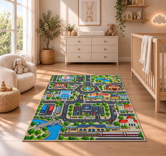 railway city road map rug displayed in a nursery beside a crib