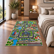 railway city road map rug displayed in a bedroom beside the bed
