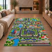 railway city road map rug displayed in a living room with a fireplace