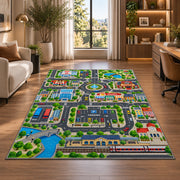 railway city road map rug displayed in a lounge with wooden shelves