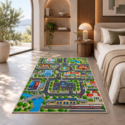 railway city road map rug displayed in a bedroom in sunlight