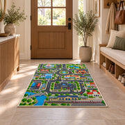 railway city road map rug displayed in a entryway beside a wooden door