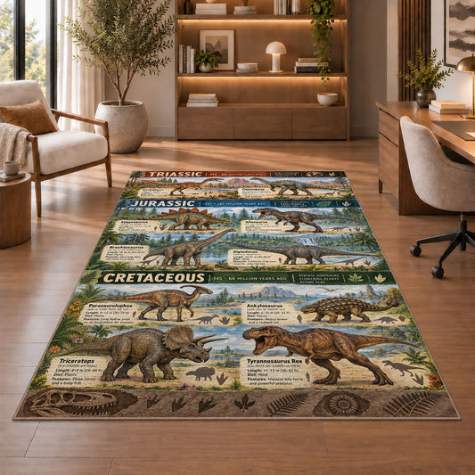 earth tone dinosaur timeline rug displayed in a living room with wooden shelves