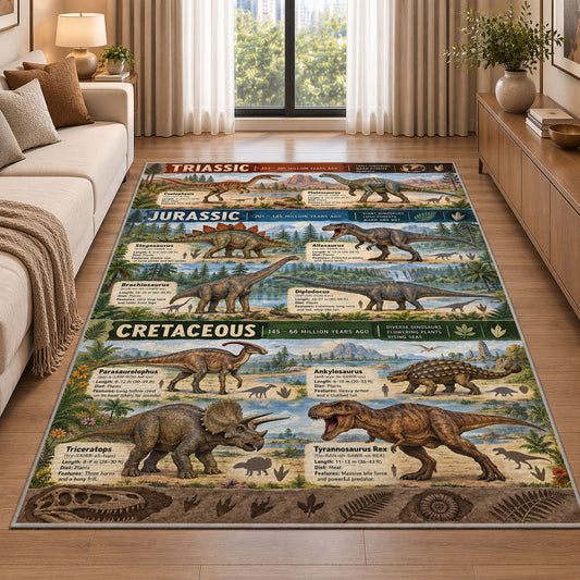 earth tone dinosaur timeline rug displayed in a sunlit lounge beside a sofa