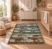 earth tone dinosaur timeline rug displayed in a nursery beside a crib