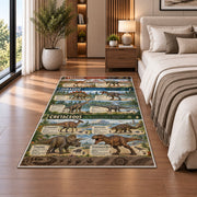 earth tone dinosaur timeline rug displayed in a bedroom beside the bed