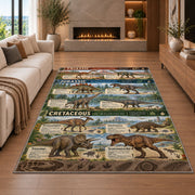 earth tone dinosaur timeline rug displayed in a living room with a fireplace