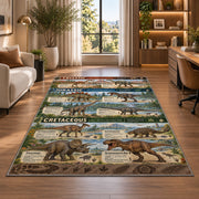 earth tone dinosaur timeline rug displayed in a lounge with wooden shelves