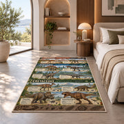earth tone dinosaur timeline rug displayed in a bedroom in sunlight
