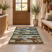 earth tone dinosaur timeline rug displayed in a entryway beside a wooden door