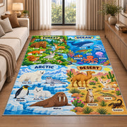 arctic desert and ocean habitat learning rug displayed in a sunlit lounge beside a sofa