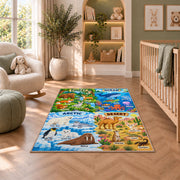 arctic desert and ocean habitat learning rug displayed in a nursery beside an upholstered chair