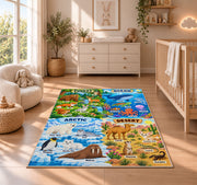 arctic desert and ocean habitat learning rug displayed in a nursery beside a crib