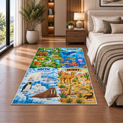 arctic desert and ocean habitat learning rug displayed in a bedroom beside the bed