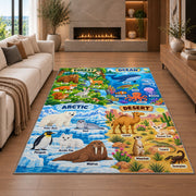 arctic desert and ocean habitat learning rug displayed in a living room with a fireplace