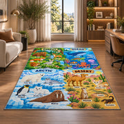 arctic desert and ocean habitat learning rug displayed in a lounge with wooden shelves