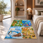 arctic desert and ocean habitat learning rug displayed in a bedroom in sunlight