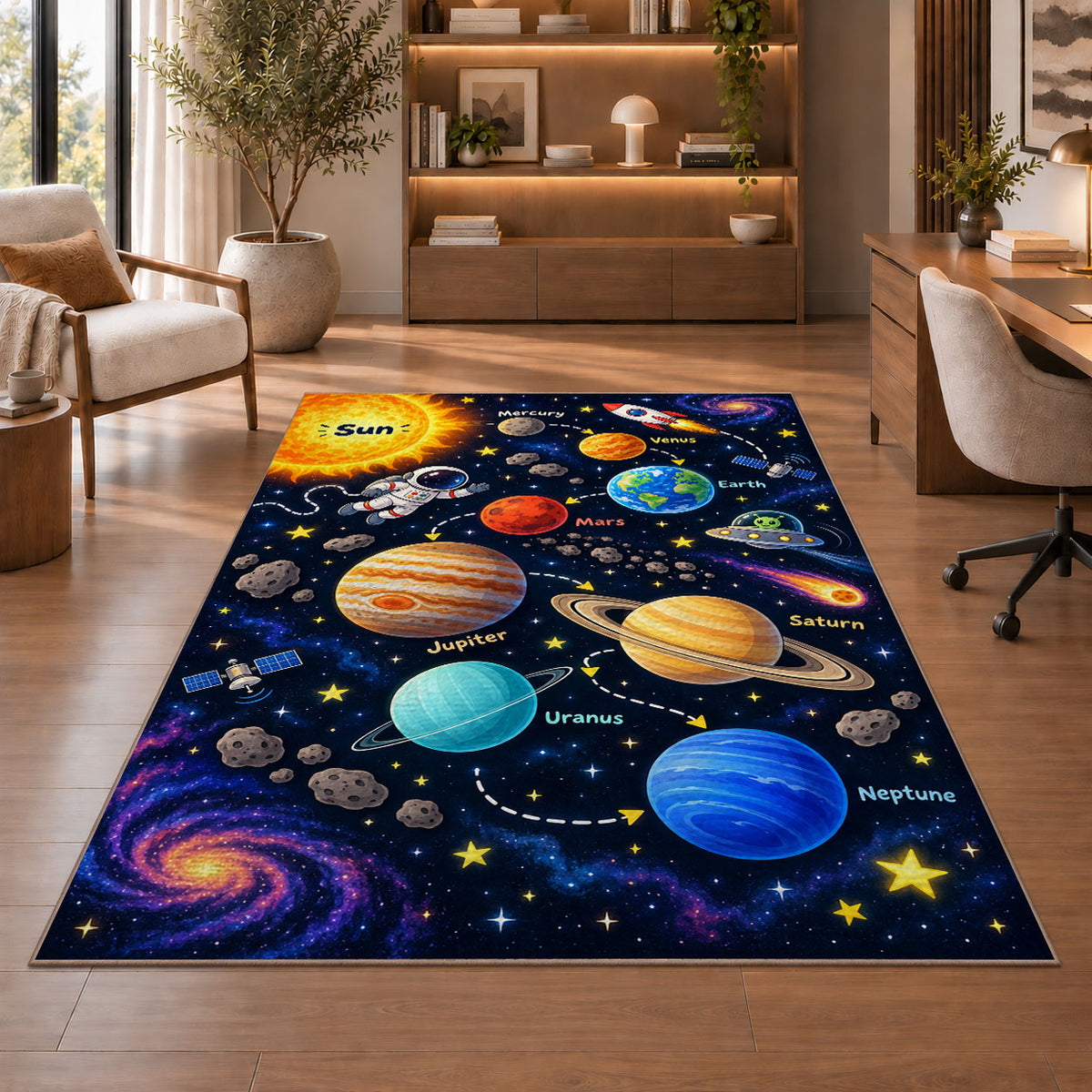 galaxy planet solar system learning rug displayed in a living room with wooden shelves