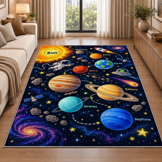 galaxy planet solar system learning rug displayed in a sunlit lounge beside a sofa