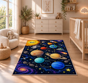galaxy planet solar system learning rug displayed in a nursery beside a crib