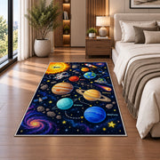 galaxy planet solar system learning rug displayed in a bedroom beside the bed