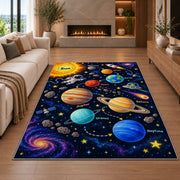 galaxy planet solar system learning rug displayed in a living room with a fireplace