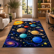 galaxy planet solar system learning rug displayed in a lounge with wooden shelves