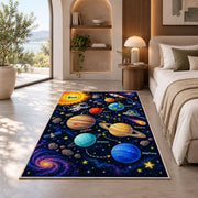 galaxy planet solar system learning rug displayed in a bedroom in sunlight