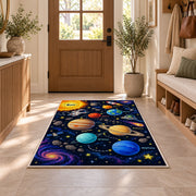 galaxy planet solar system learning rug displayed in a entryway beside a wooden door