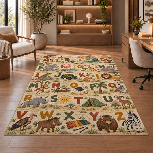 safari animal alphabet rug displayed in a living room with wooden shelves