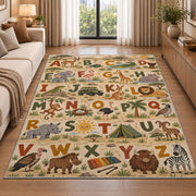 safari animal alphabet rug displayed in a sunlit lounge beside a sofa