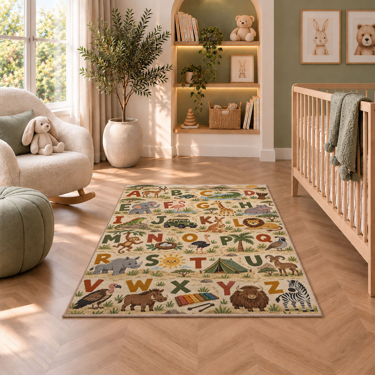 safari animal alphabet rug displayed in a nursery beside an upholstered chair