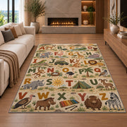 safari animal alphabet rug displayed in a living room with a fireplace
