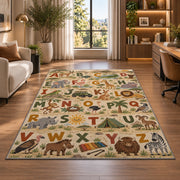 safari animal alphabet rug displayed in a lounge with wooden shelves