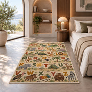 safari animal alphabet rug displayed in a bedroom in sunlight